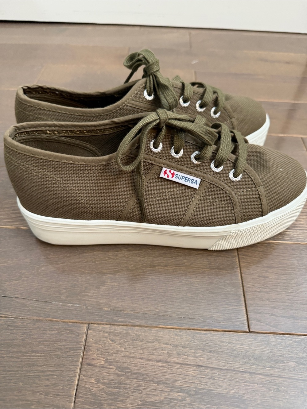 Superga Olive Canvas Low-Top Sneakers with White Platform Sole